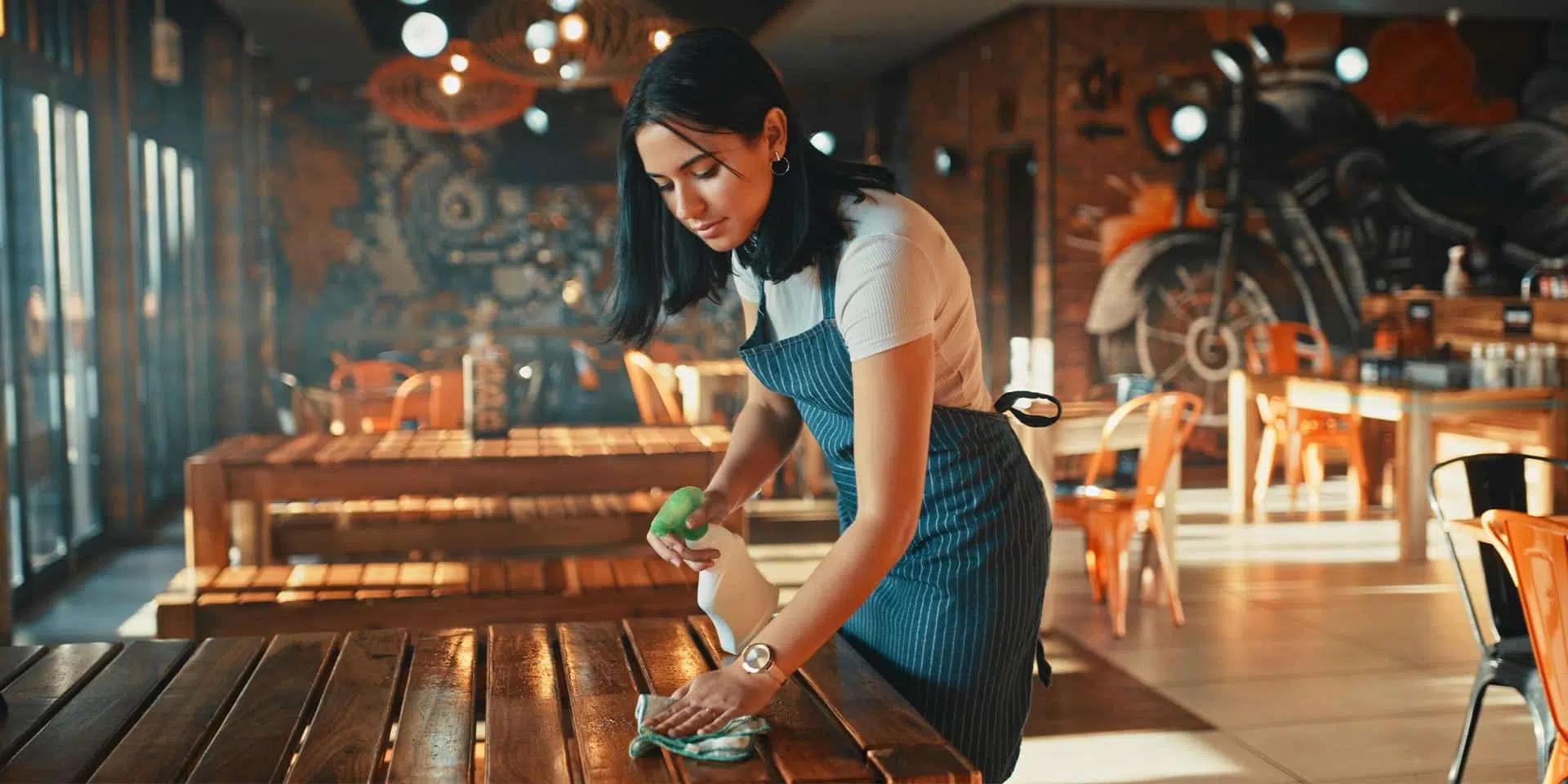 worker cleaning a table in a restaurant
