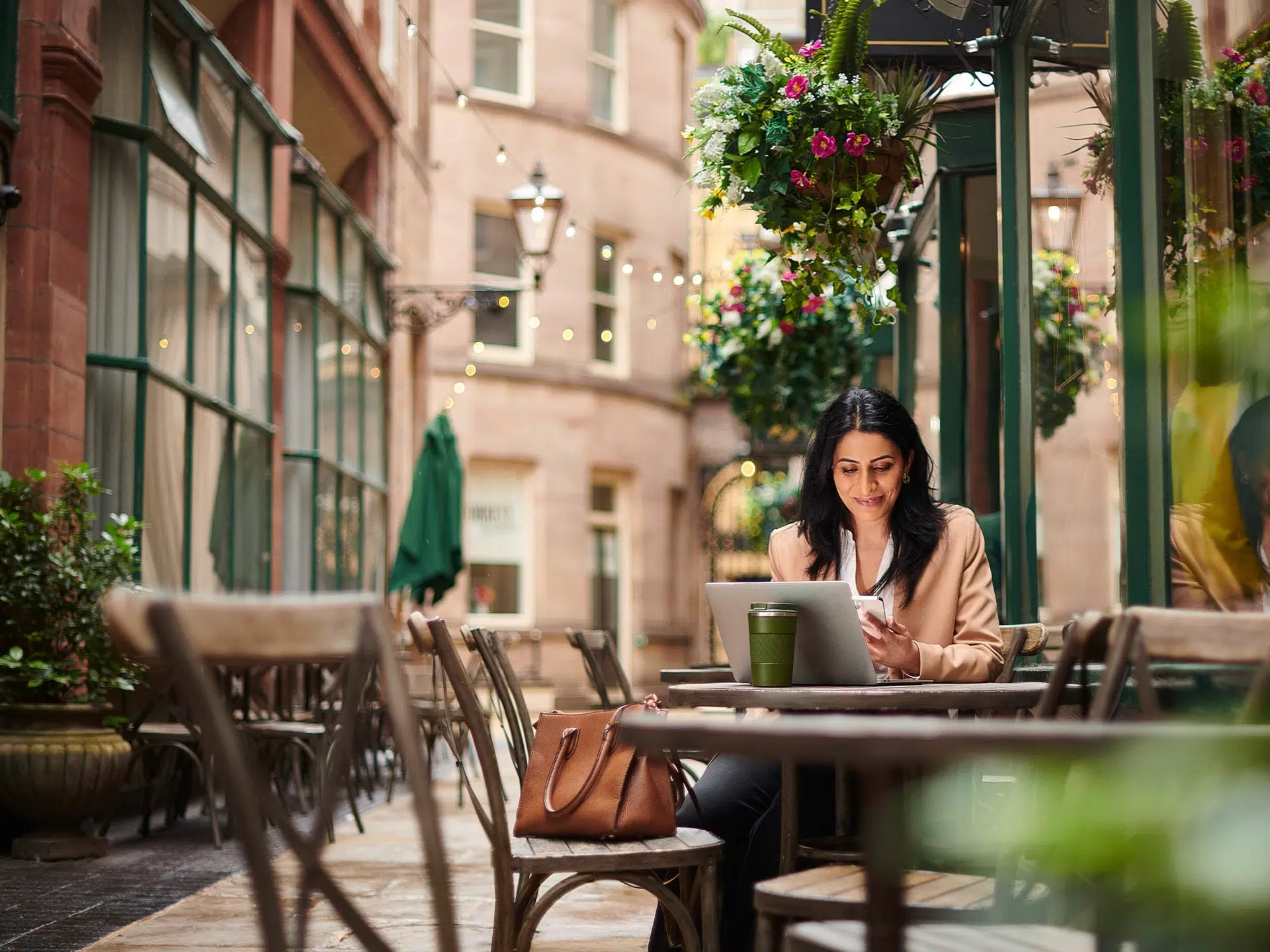 happy woman looking at phone