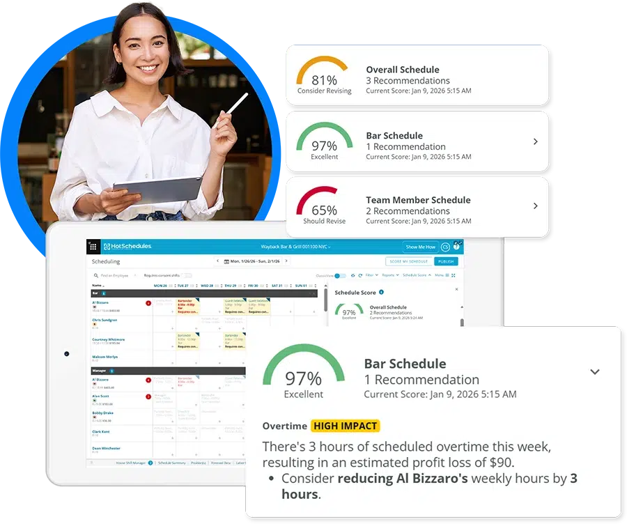 a restuarant manager using HotSchedules to check the schedule score